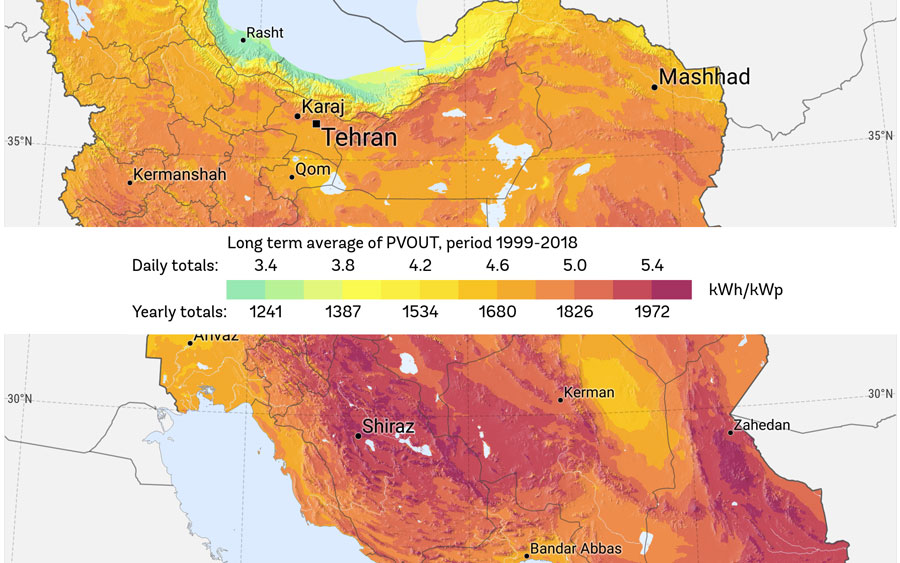 نقشه تابش نیروگاه خورشیدی در ایران